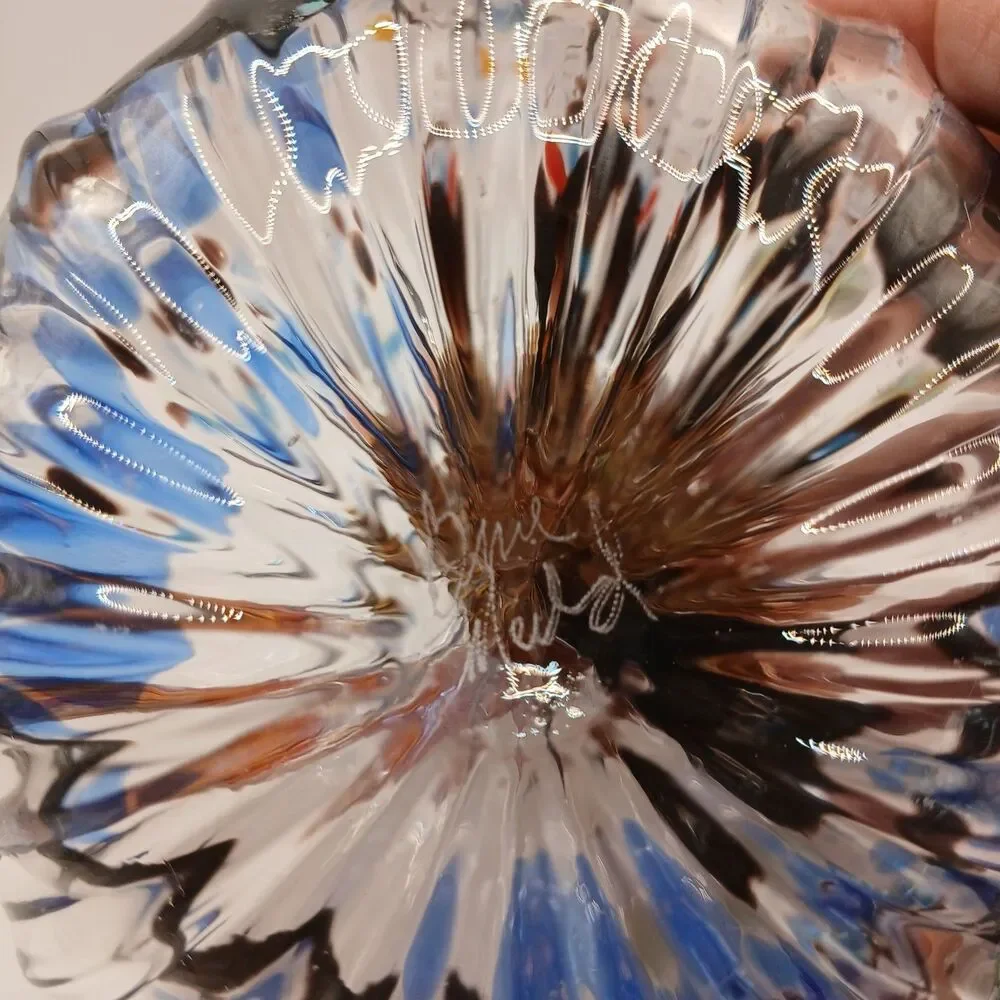 Studio Art Glass Signed Hand Blown  Pumpkin Sculpture Blue Black & Gold 5 in